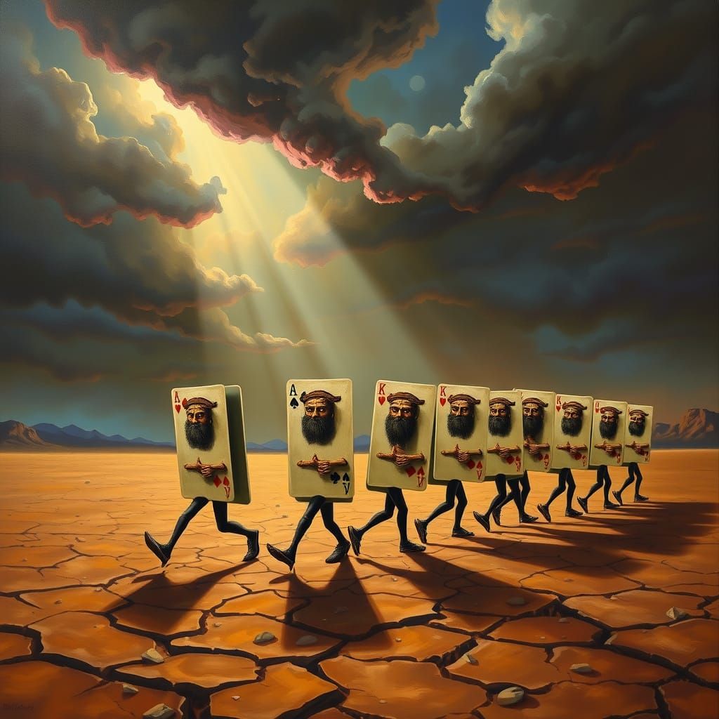Surreal Marching Cards in Desert Landscape Oil Painting