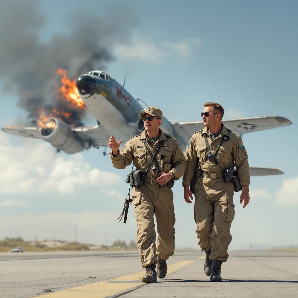 Military Officers in Intense Discussion Near Burning Plane