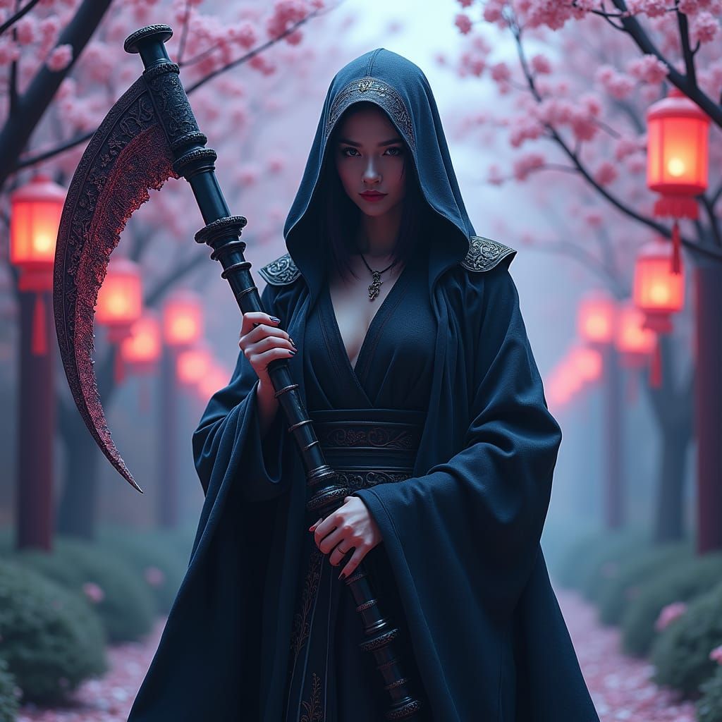 Female Grim Reaper with Cherry Blossoms, Digital Matte Paint...