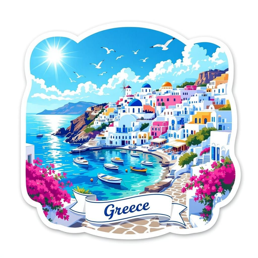 Vibrant Greek Coastal Town Sticker Design