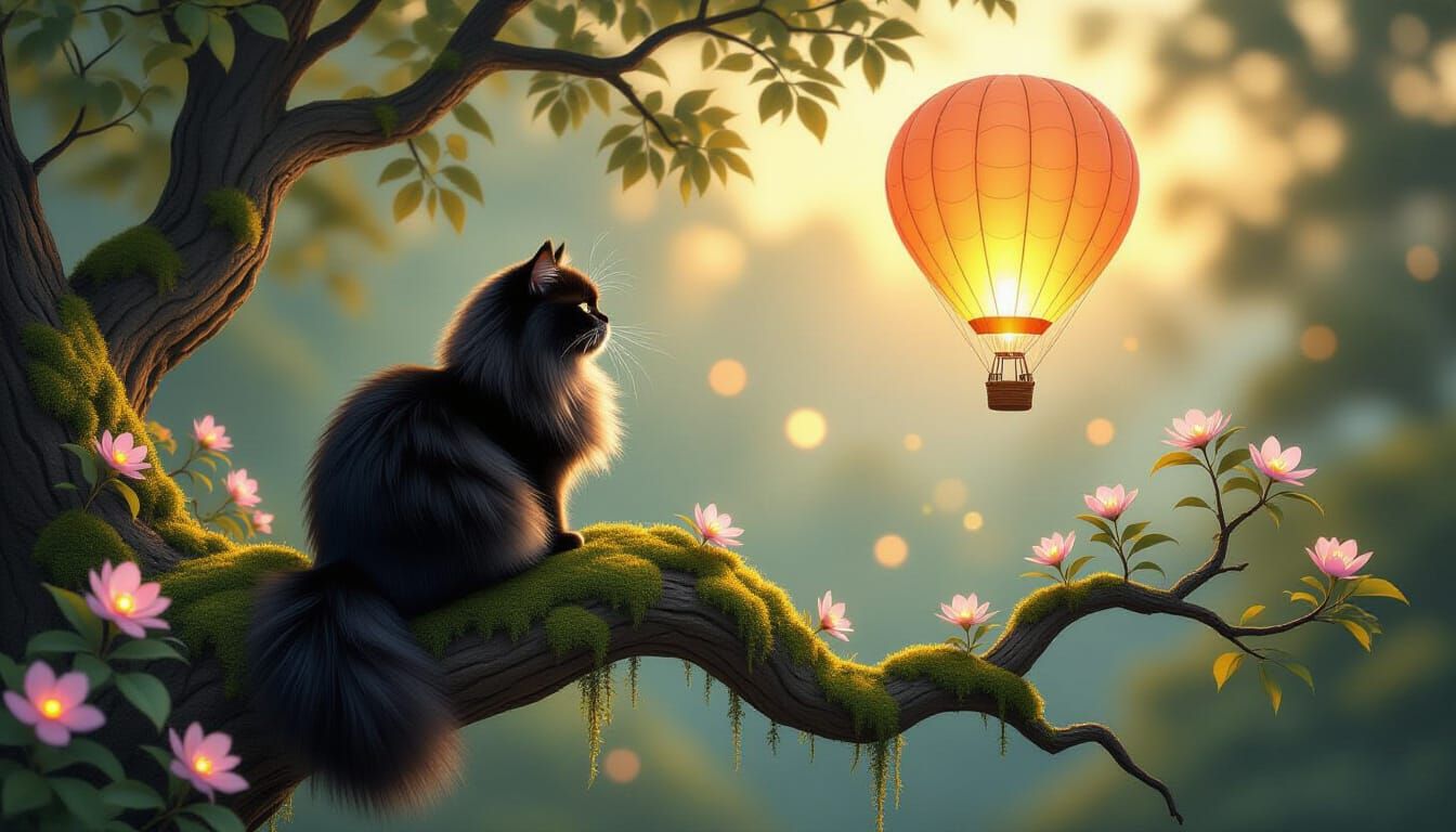 Black Persian Cat Watching Hot Air Balloon