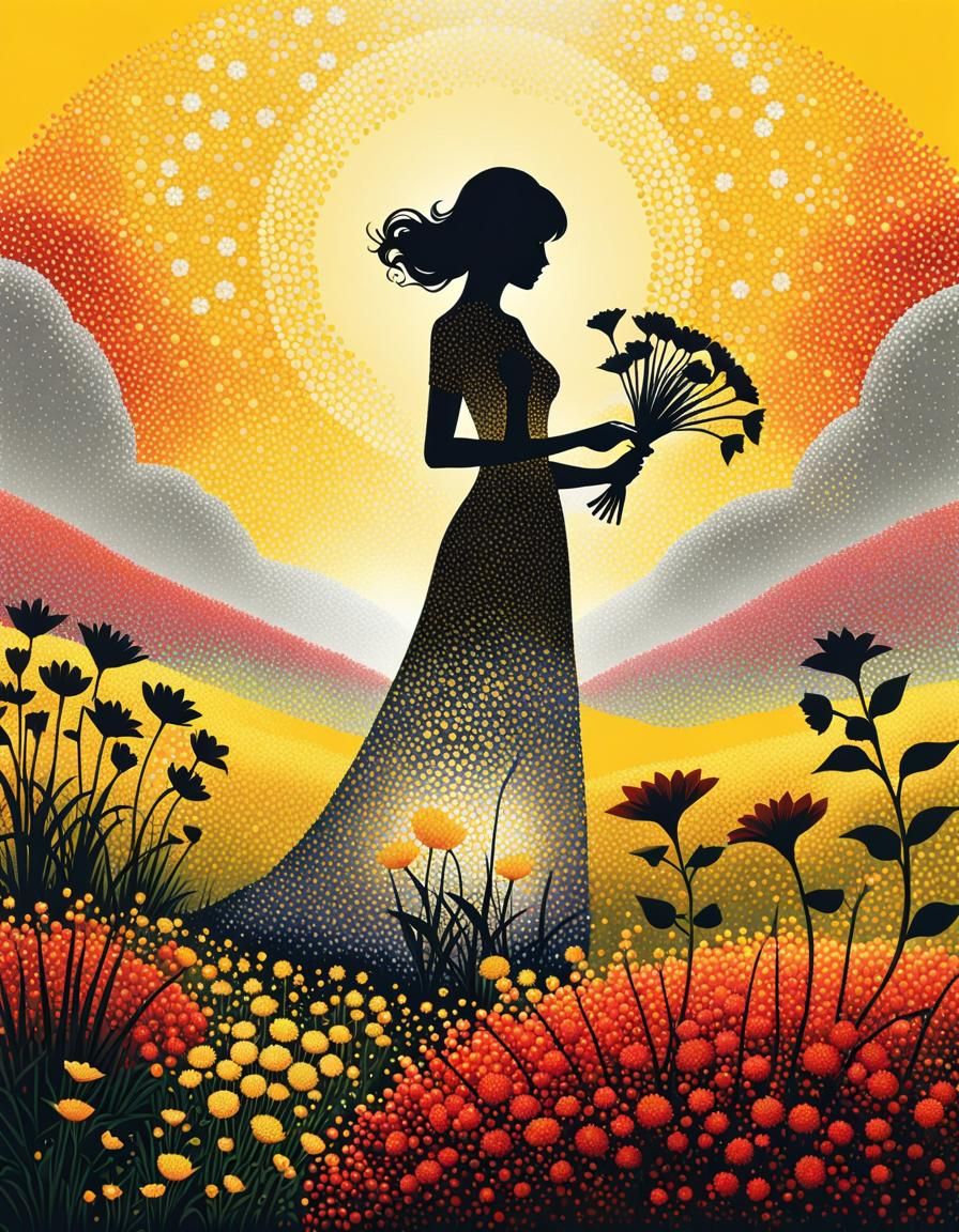 Virtual Pointillist Lady Tending Flowers in Meadow