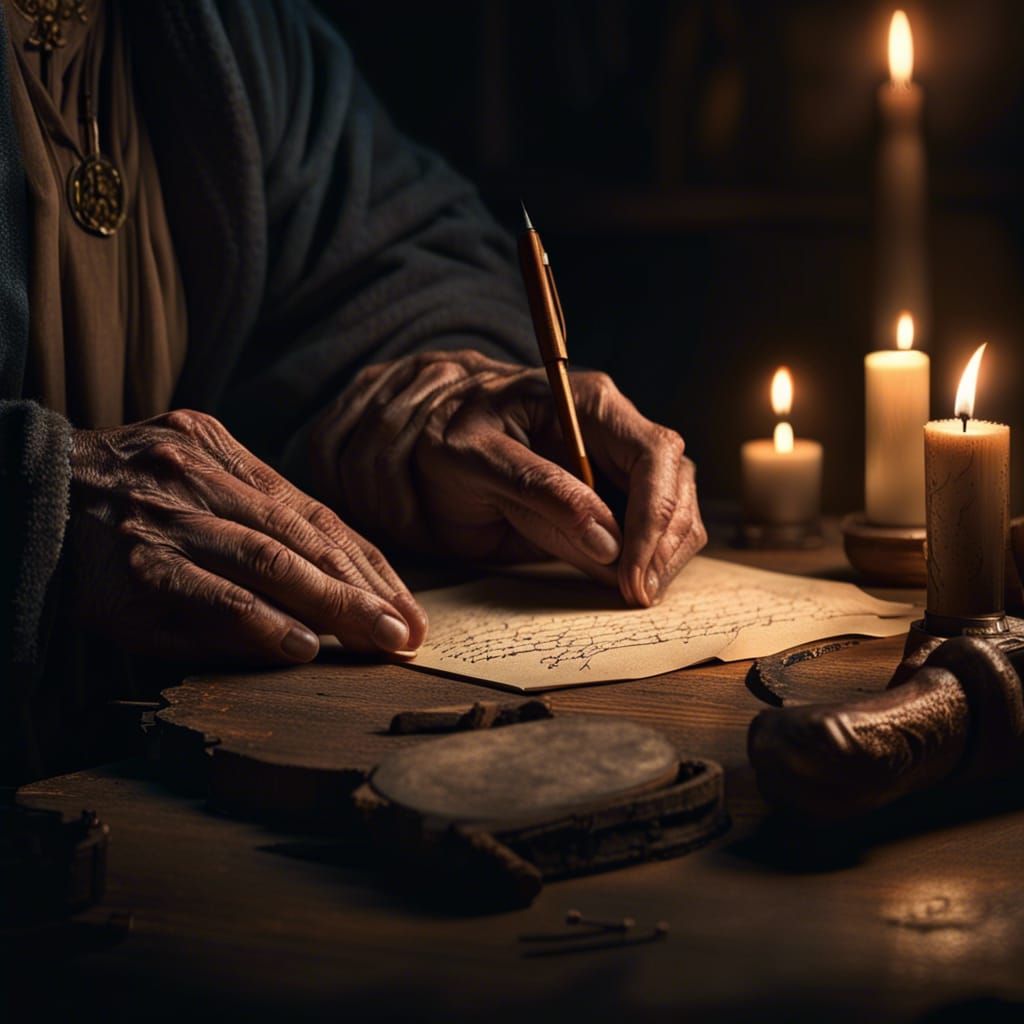 Medieval Scribe Writing Letter by Candlelight