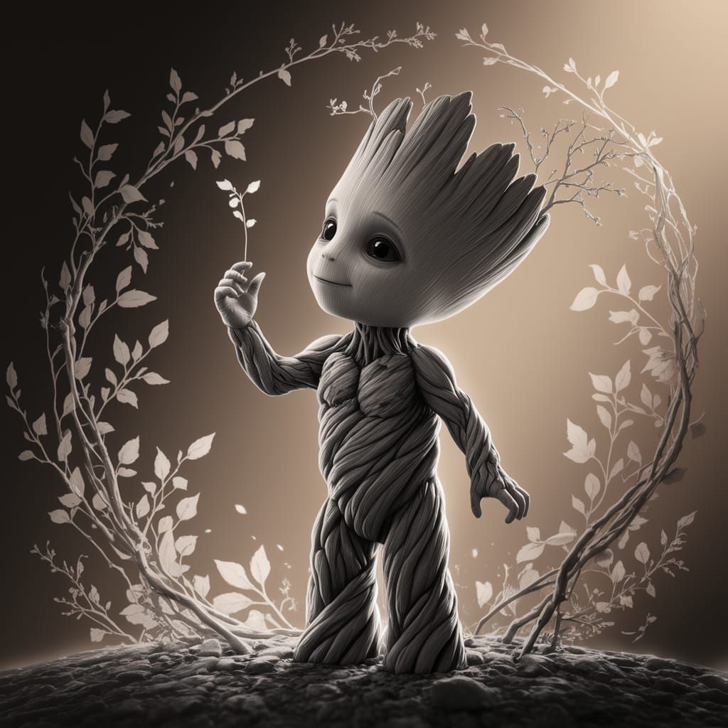 Baby Groot in Whimsical Black and White Digital Art