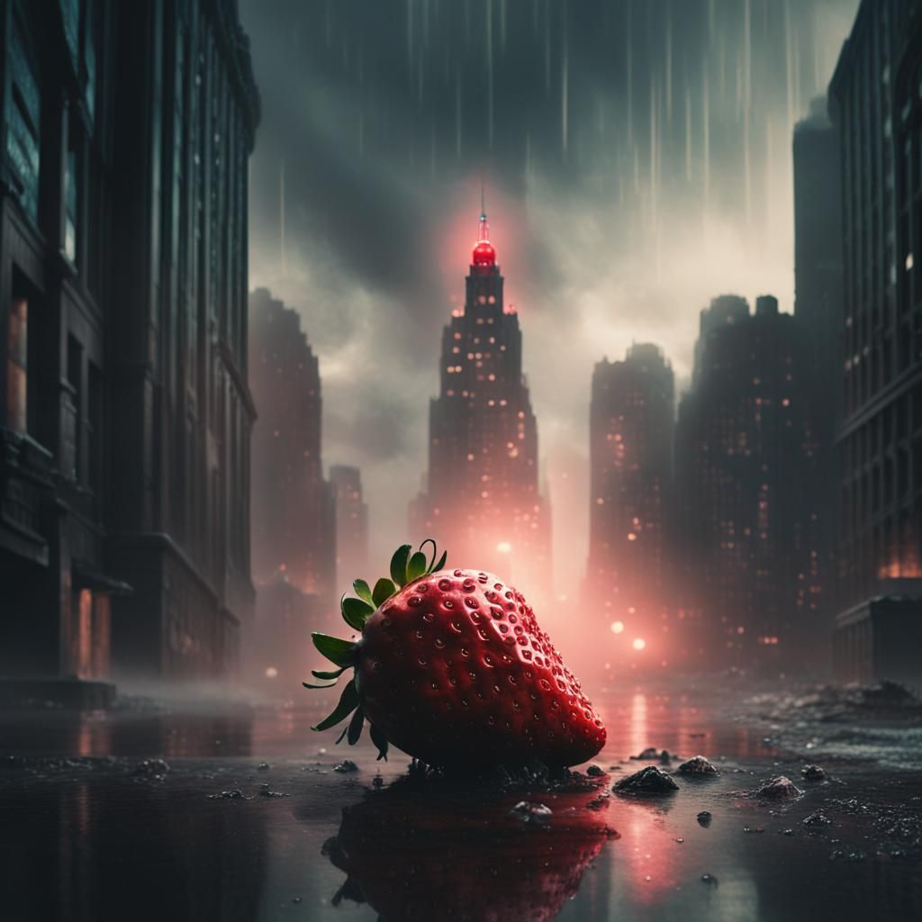 Strawberry Grenade Exploding in Apocalyptic Cityscape