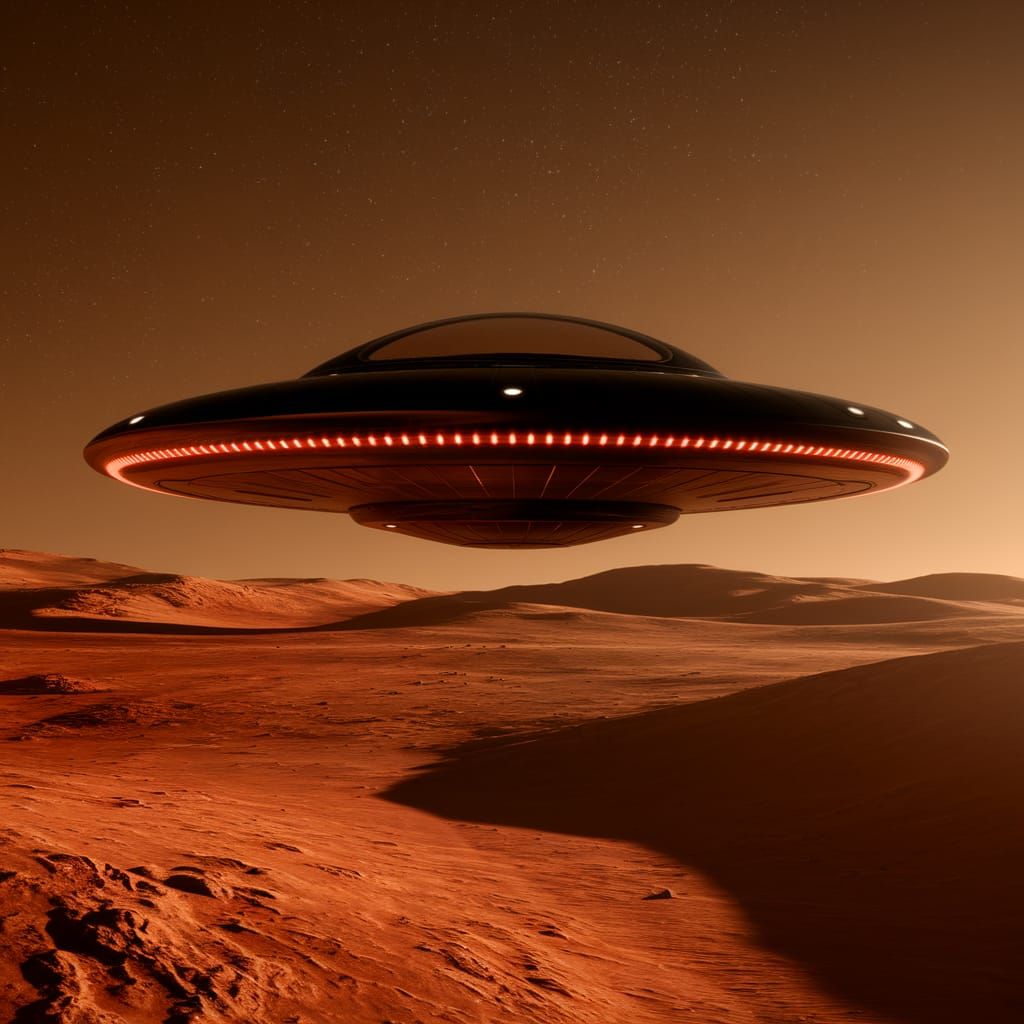 UFO Over Mars with Red Lights