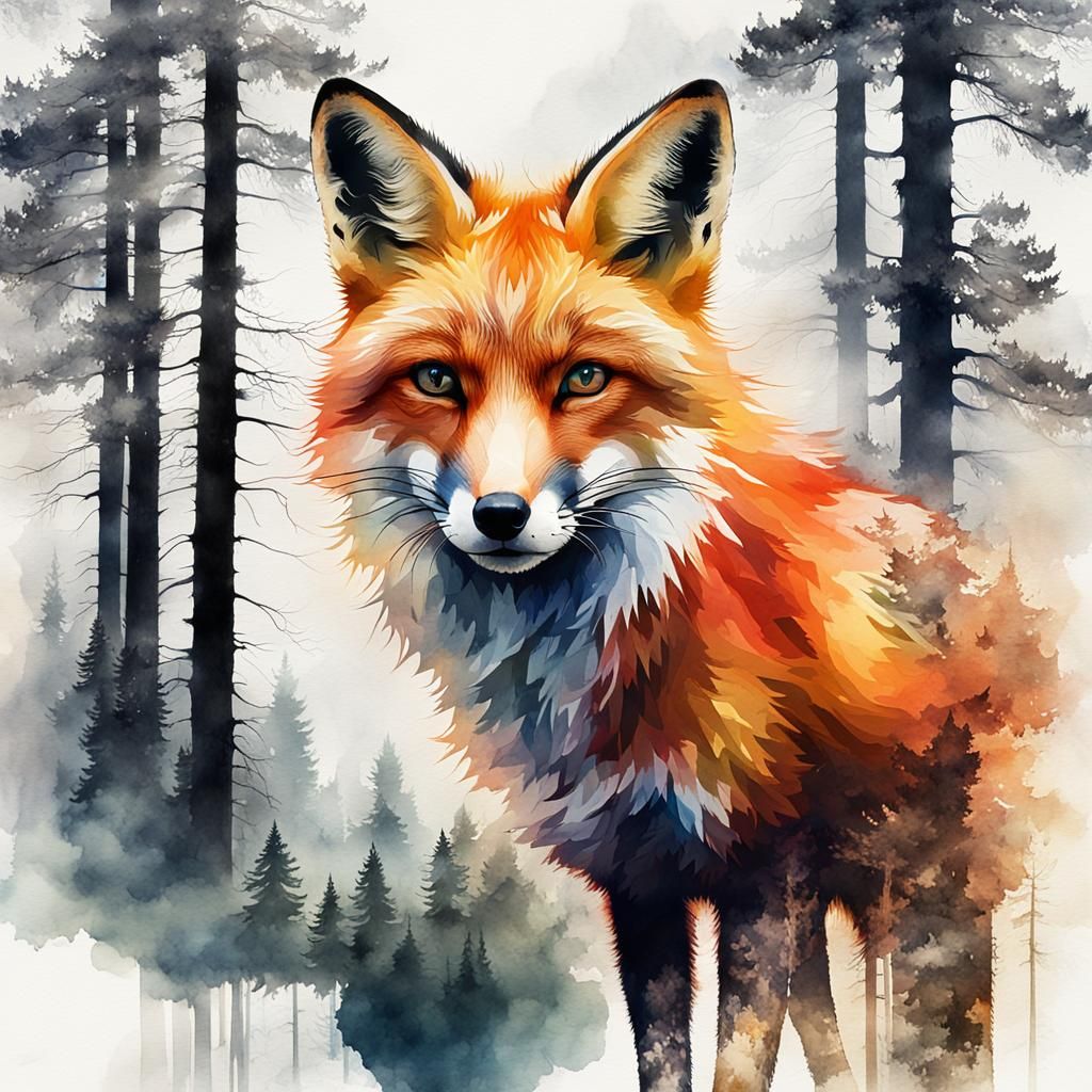Double Exposure: Red Fox and Forest in Watercolor Style