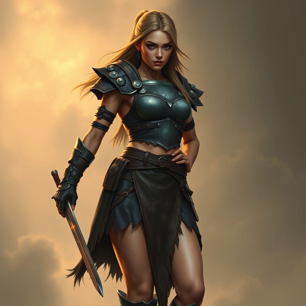 Female Warrior in Leather Skirt and Breastplate