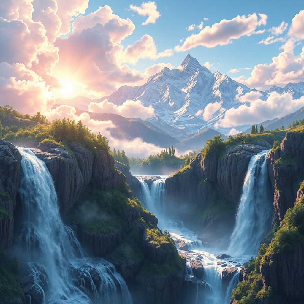 Majestic Waterfalls Under Vibrant Clouds in Stunning 3D Anim...