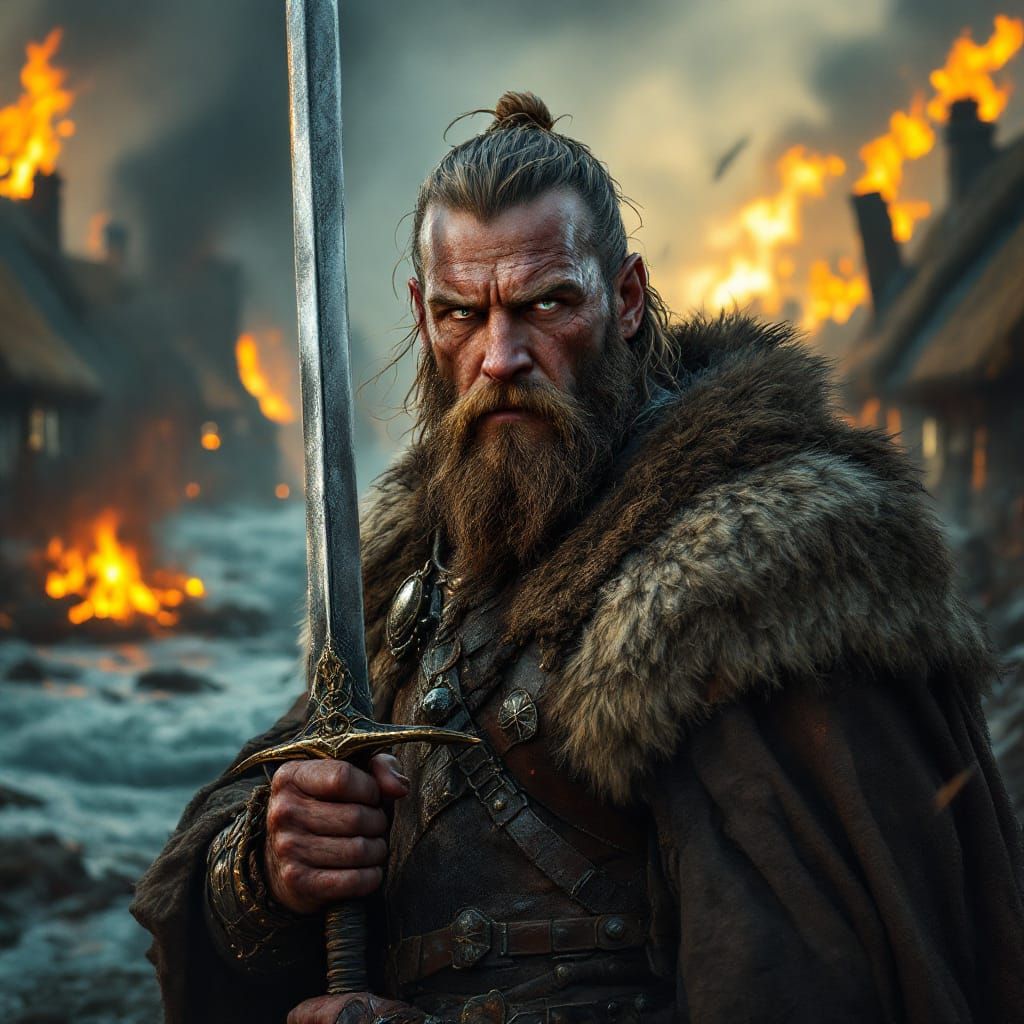 Norseman Amidst Burning Town, Hyperrealistic Concept Art