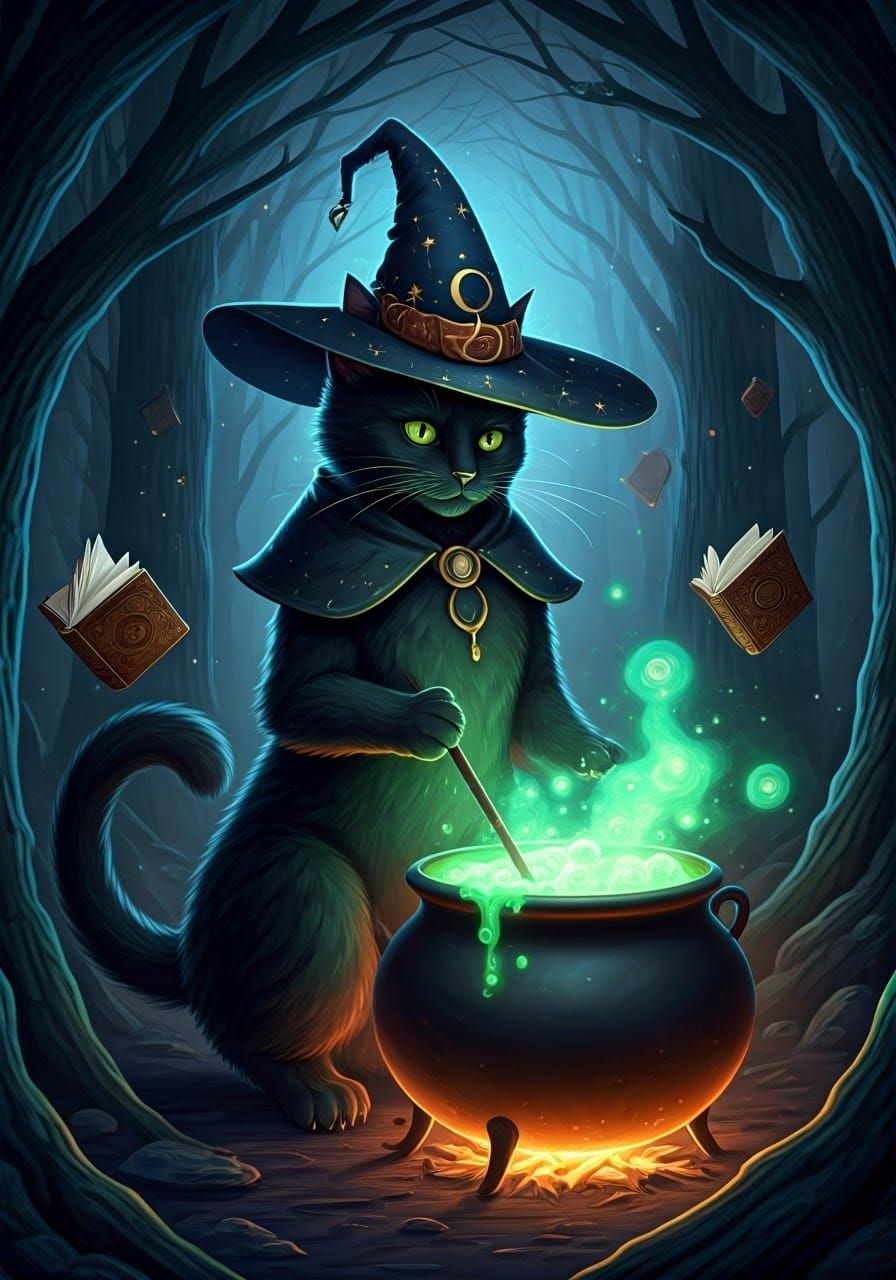 Enchanting Black Cat Witch in Mystical Forest