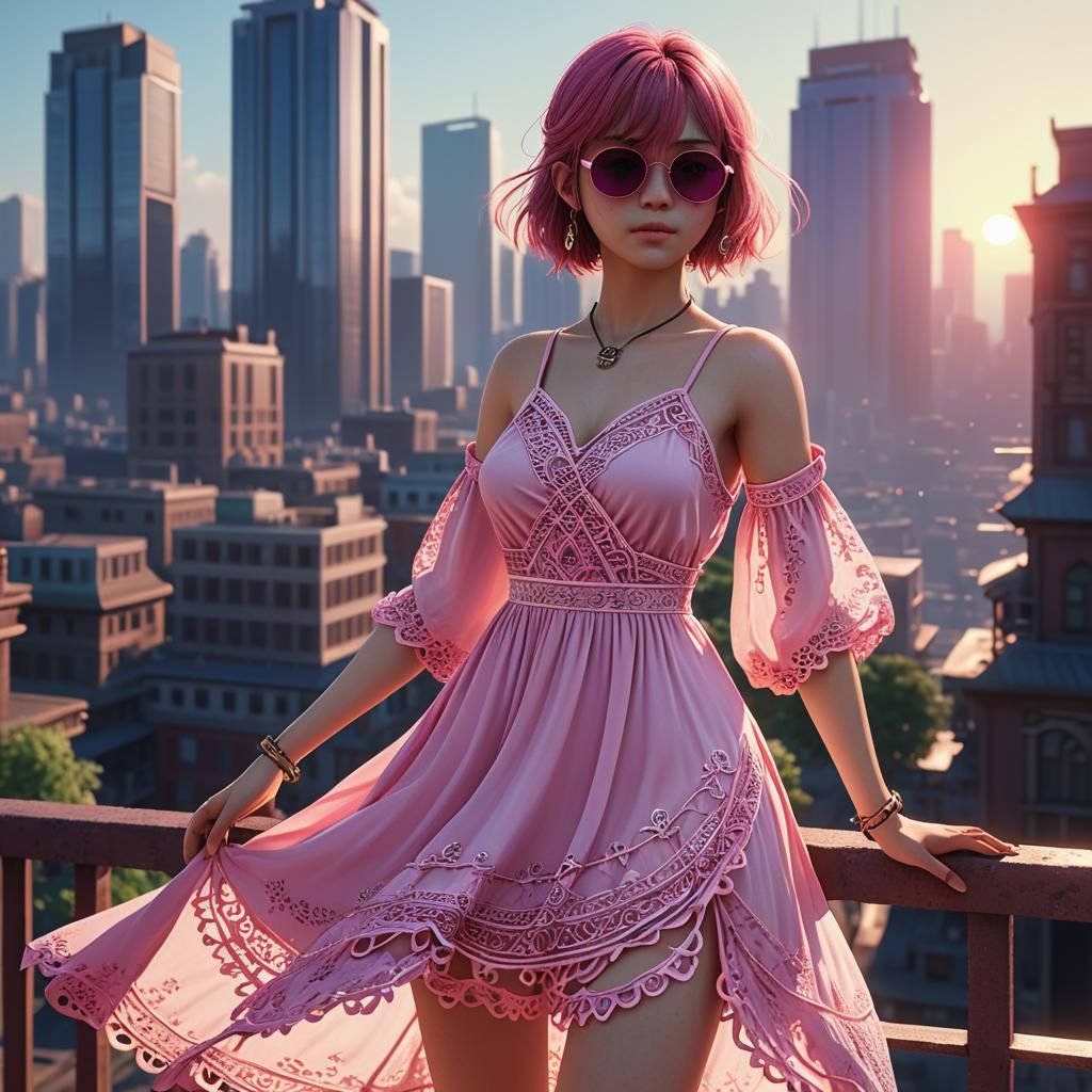 Woman in Pink Dress with City Background