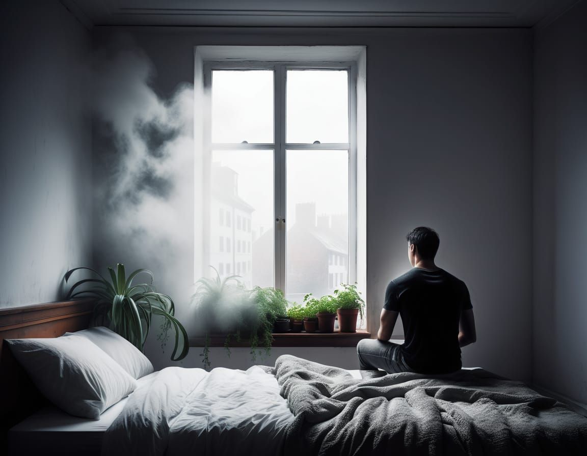 Lonely Man Seeks Connection in Foggy Cityscape