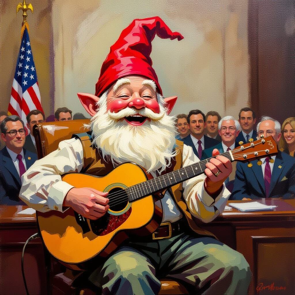 Gnome Entertains Congress: Impressionistic Oil Painting