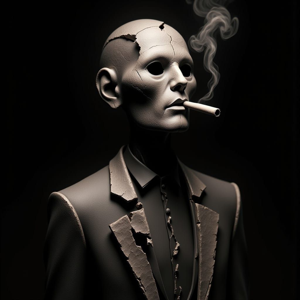 Android Smoking Cigar in Cracked Stone Sculpture