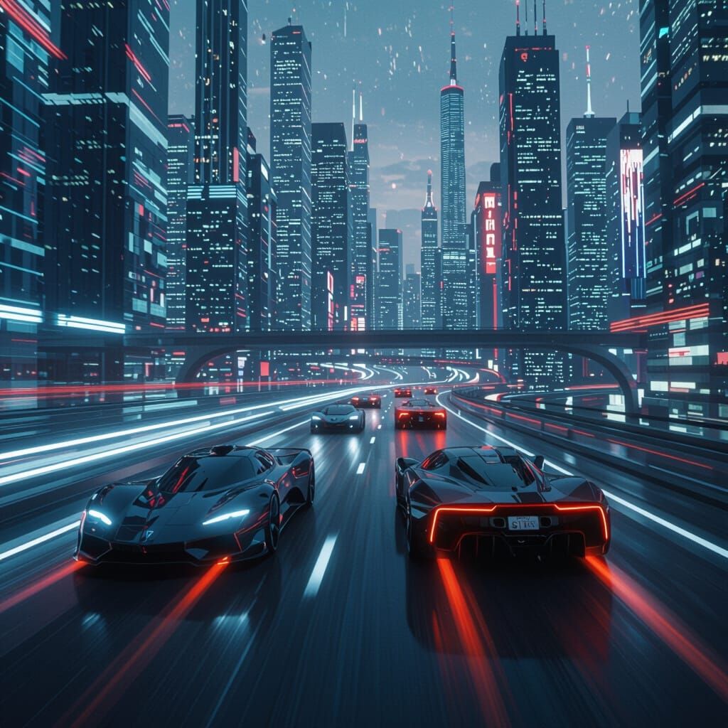 Fast Cars Speeding on Futuristic Highway
