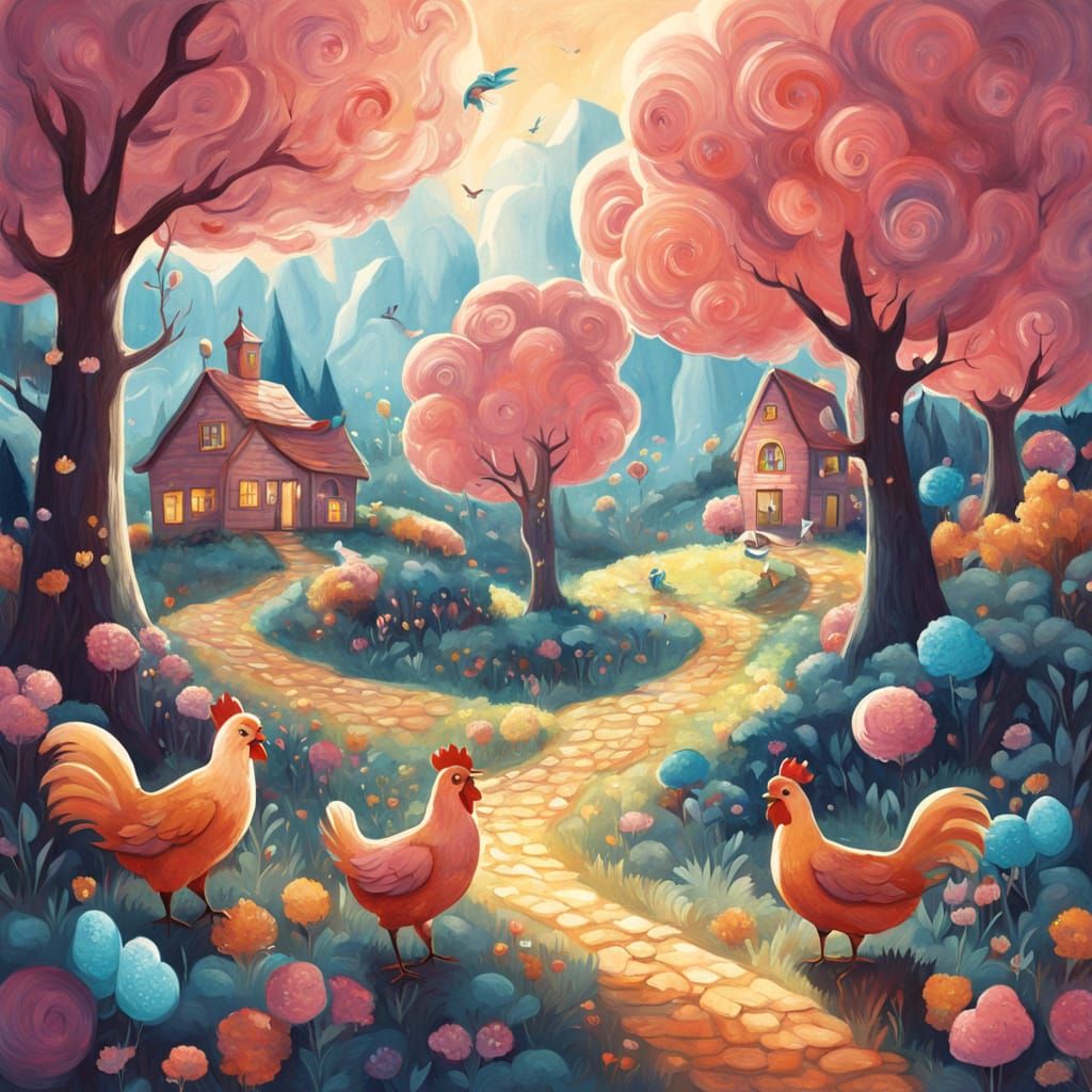 Vibrant Whimsical Chickens in a Fantastical Candyland Landsc...