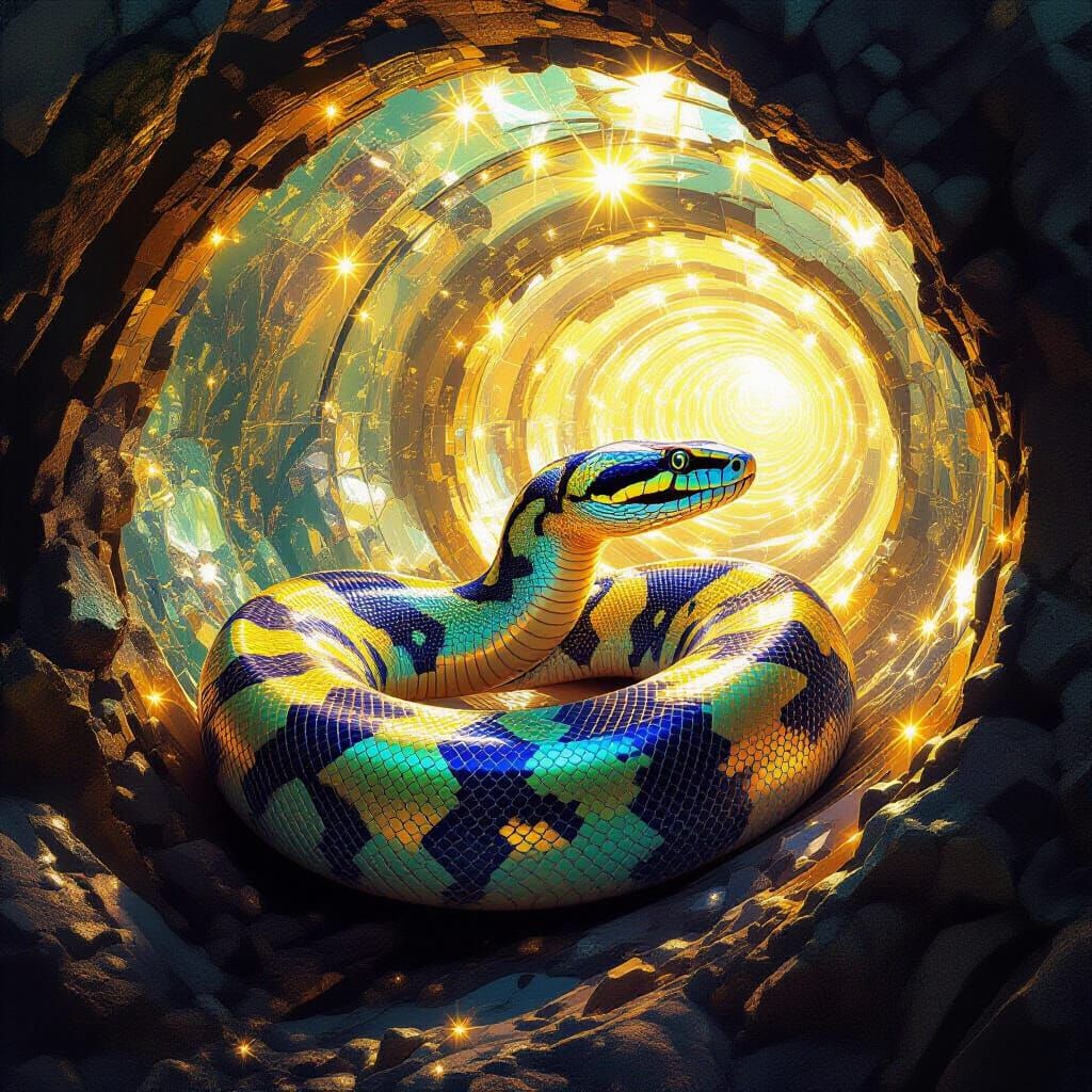 Colossal Boa Constrictor in Luminous Golden Underwater Tunne...
