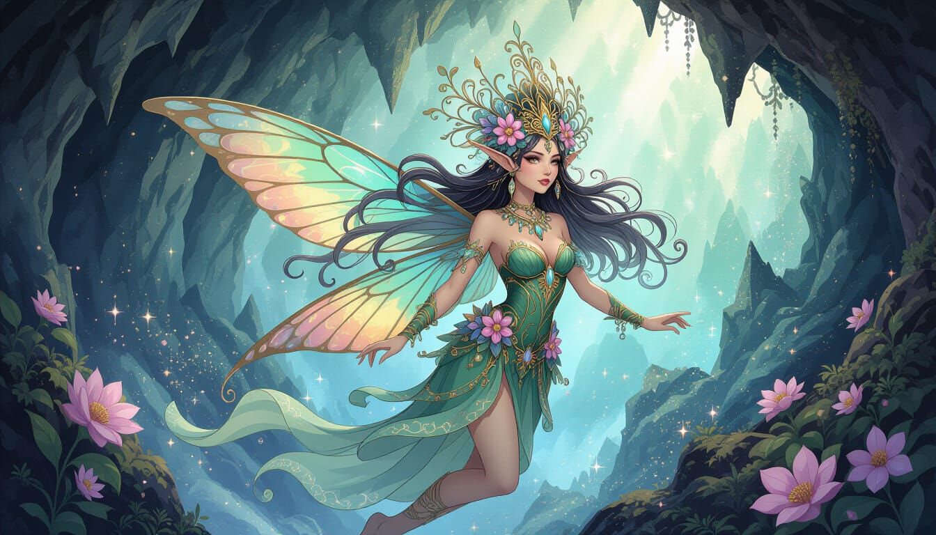 Divine Fairy with Insect Wings in Watercolor Painting