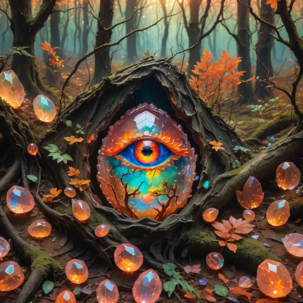 Sad Fire Opal Crystal in Ethereal Forest