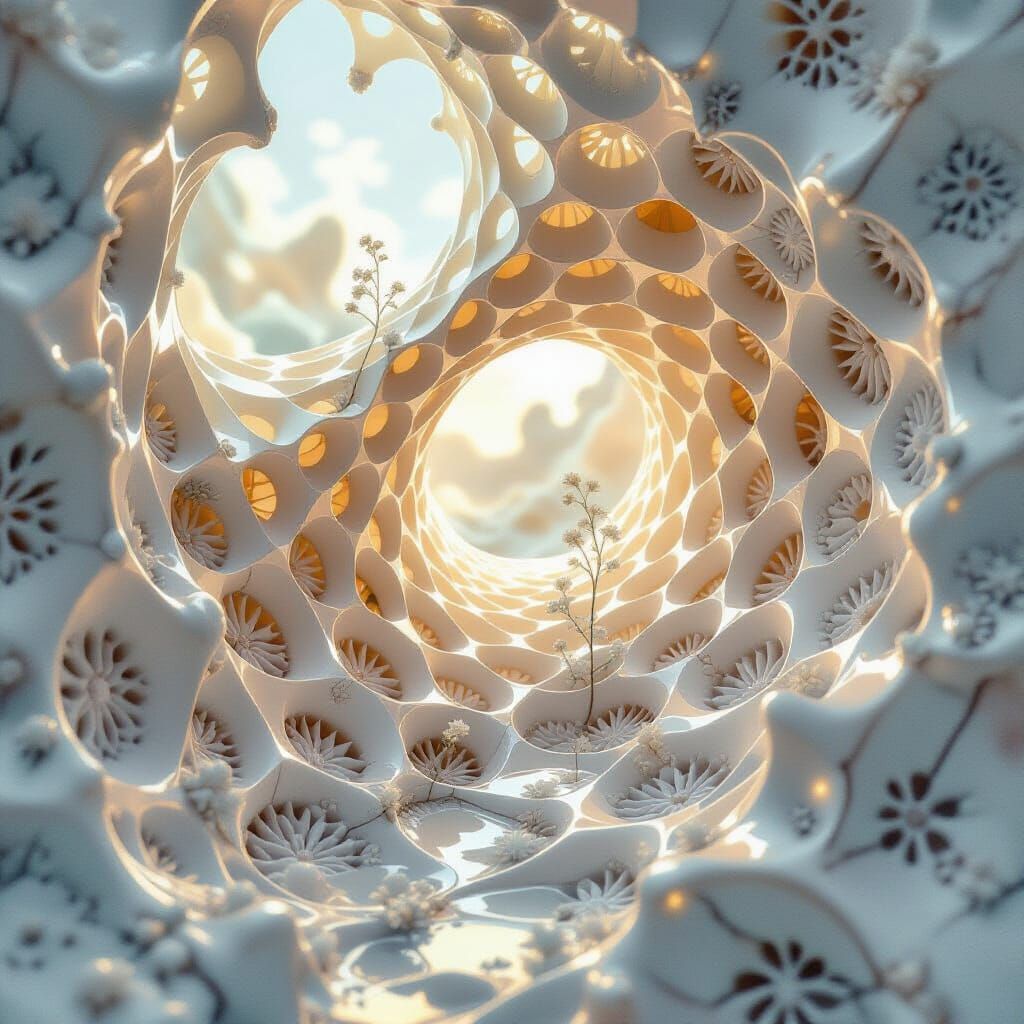 Surreal Ossified Lattice with Fractured Porcelain Surface