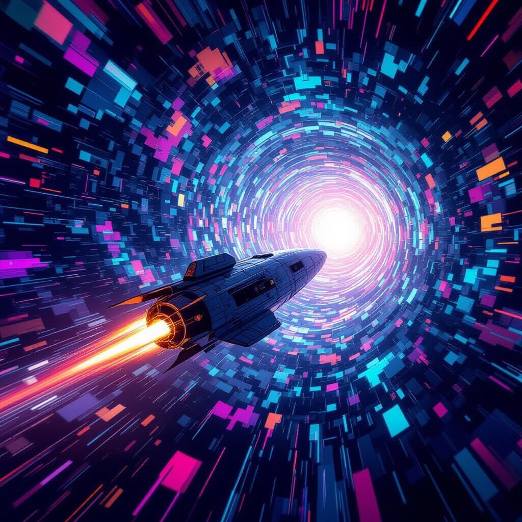 Spacecraft Navigates Vivid Wormhole in Abstract Sci-Fi Style