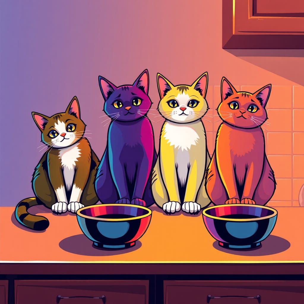 Whimsical Cats Wait Impatiently: 3D Vector Art