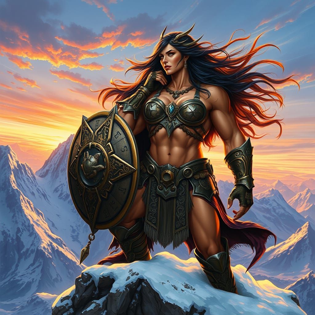Amazon Warrior on Mountain Peak in Hyperrealistic Style
