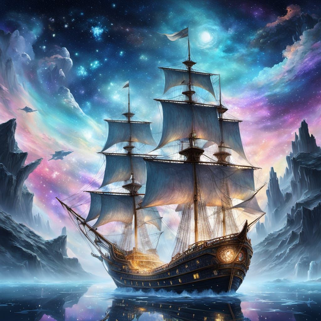 Ethereal Galleon Sailing Through Nebula, Splatter Art