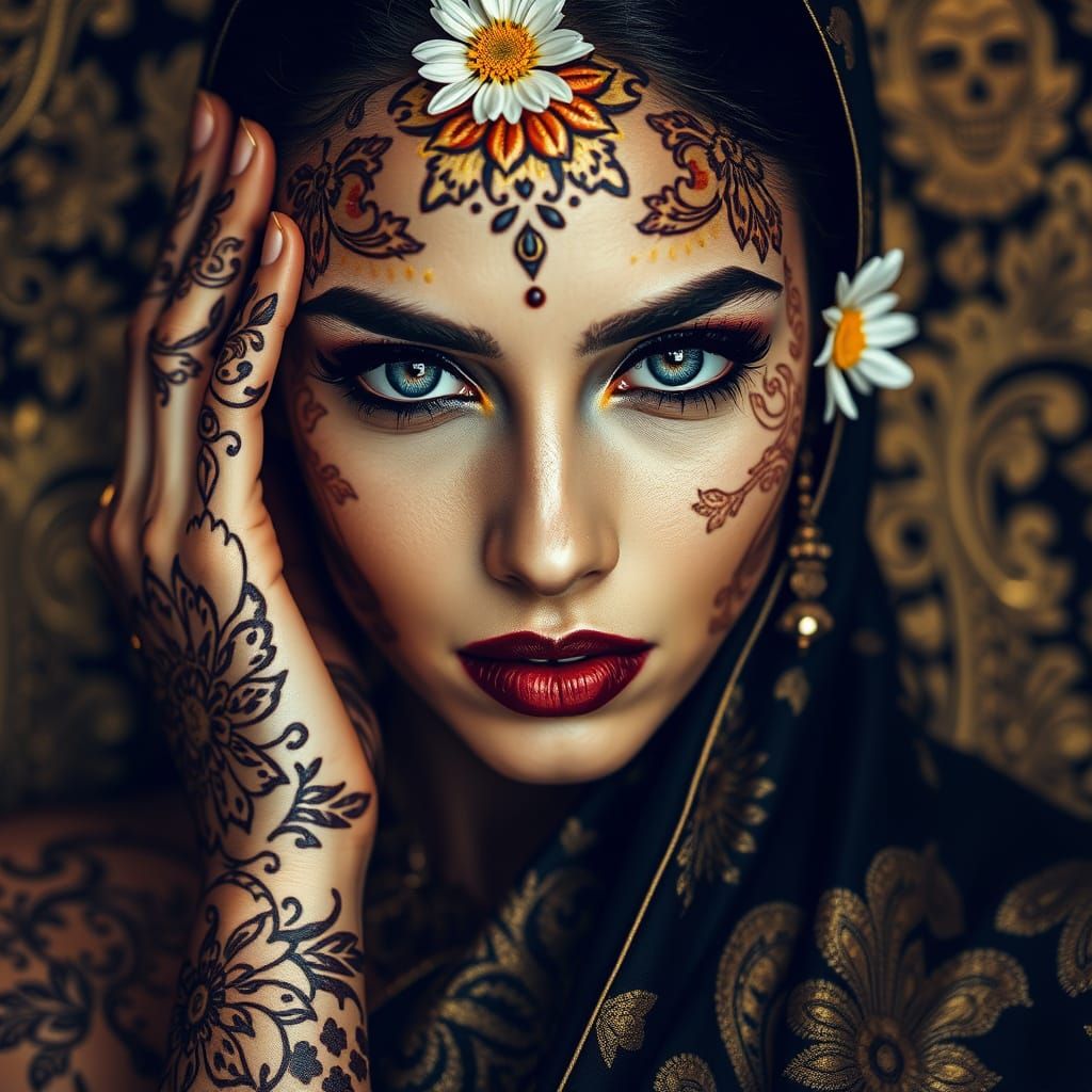 Elegant Bohemian Beauty with Intricate Henna Tattoos and Flo...