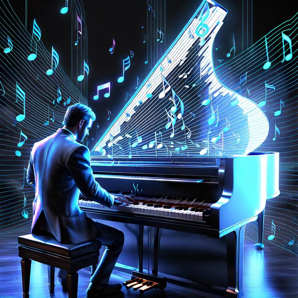 Man Plays Piano Amid Floating Music Notes