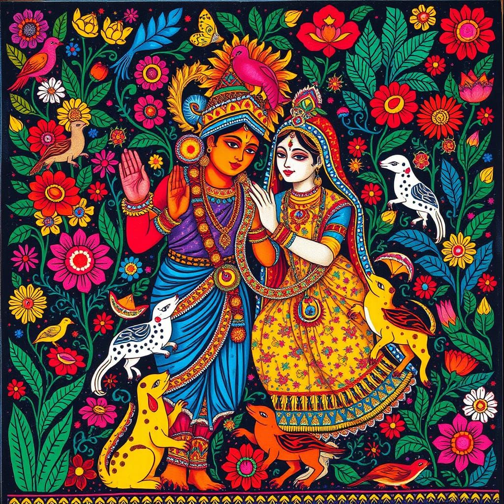 Vibrant Indian Mythology Scene in Madhubani Style