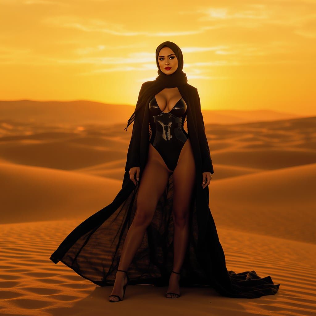Confident Arab Woman in Desert Sunset, Cinematic Lighting