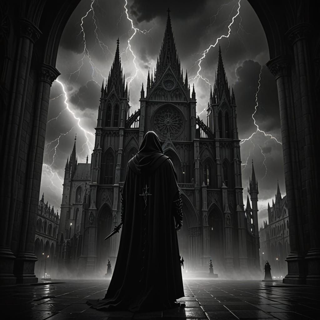 Cloaked Figure Before Gothic Cathedral in Dramatic Lighting