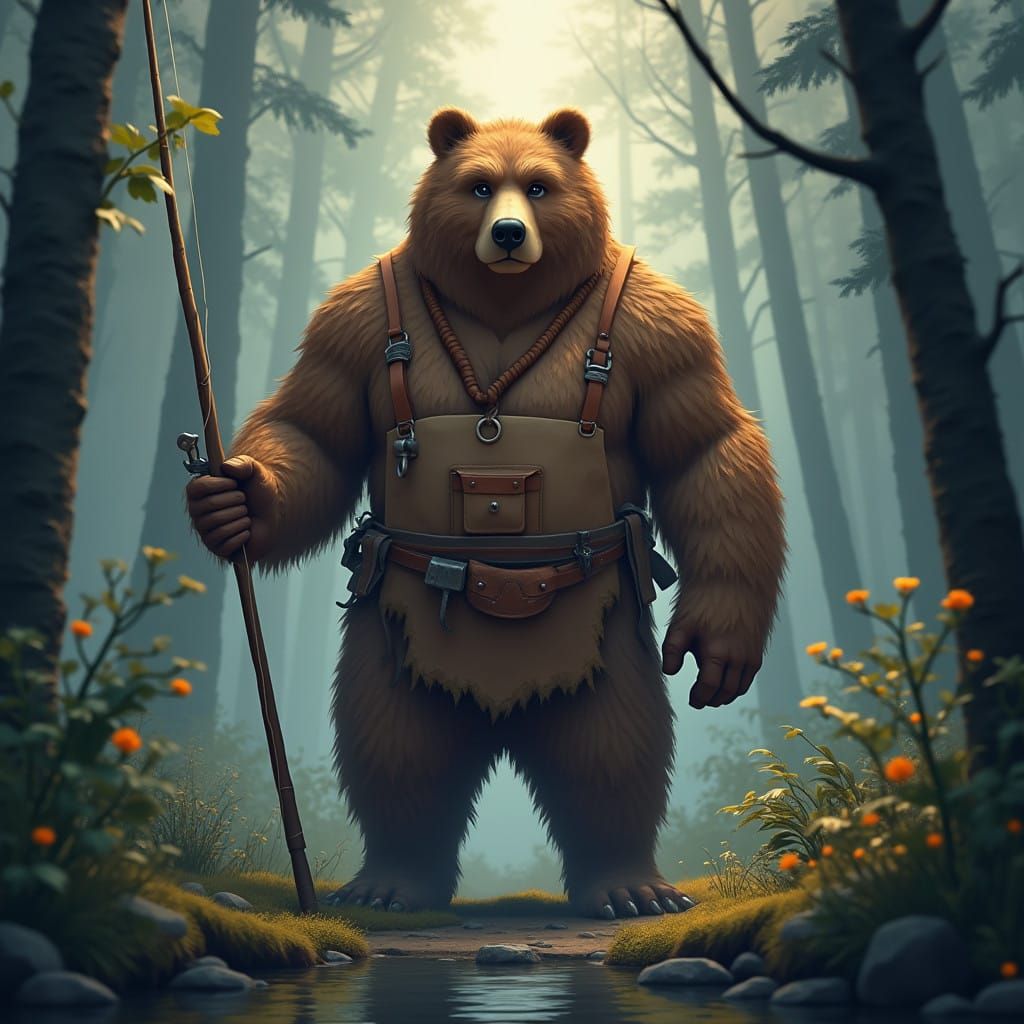 Towering Bear Embodies Earthy Wisdom in Serene Forest