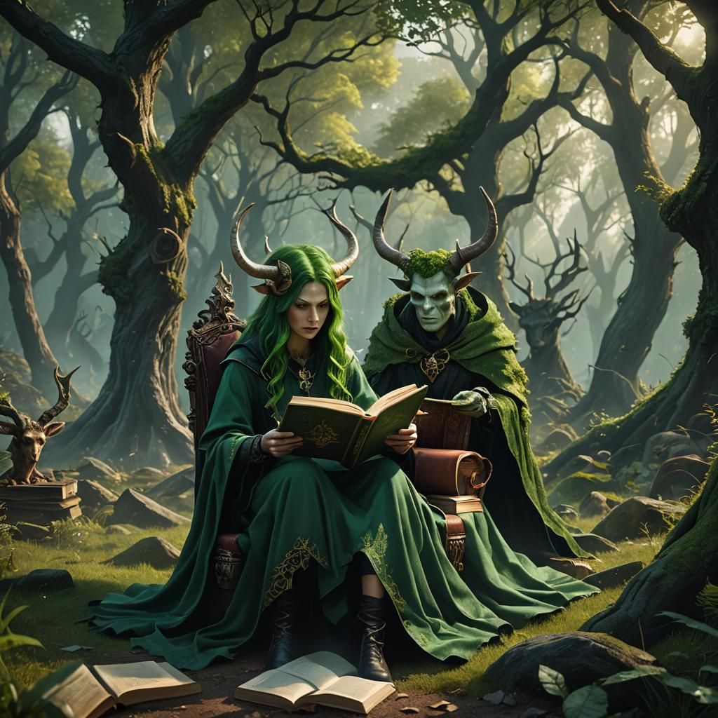 Green Horned Witch Reading Book in Forest