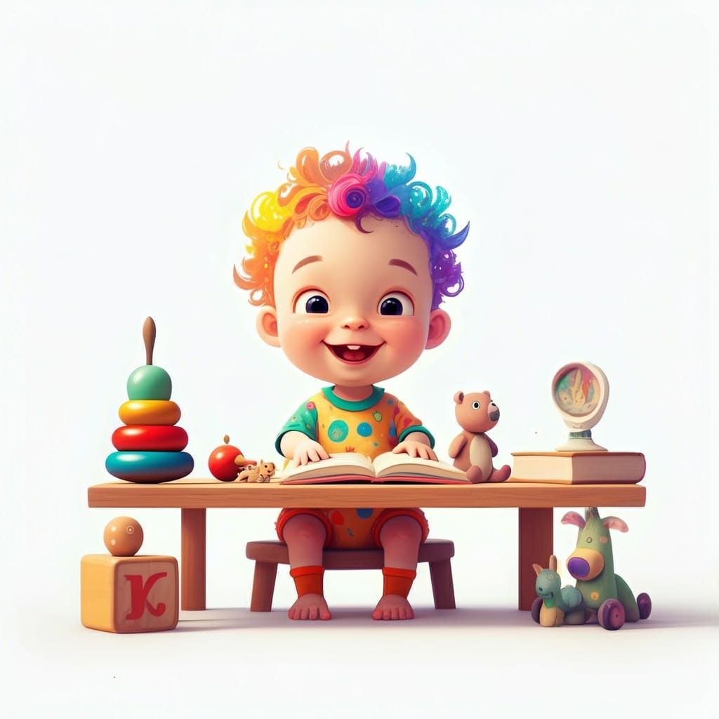 Cartoon Toddler Surrounded by Toys in Whimsical Style