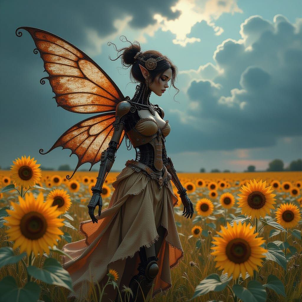Clockwork Fairy in Dying Sunflower Field as Impasto Painting