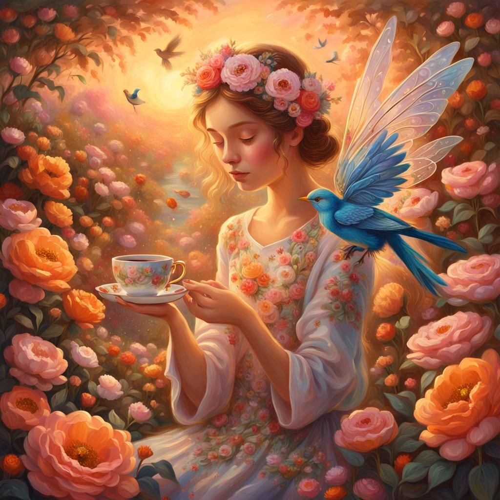 Floral Fairy with Teacup in Vibrant Oil Painting