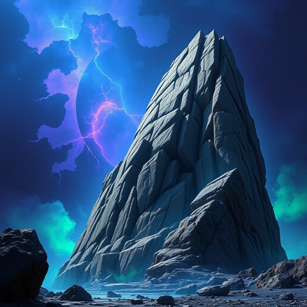 Ancient Rock Formation in Cyberpunk Fantasy Landscape