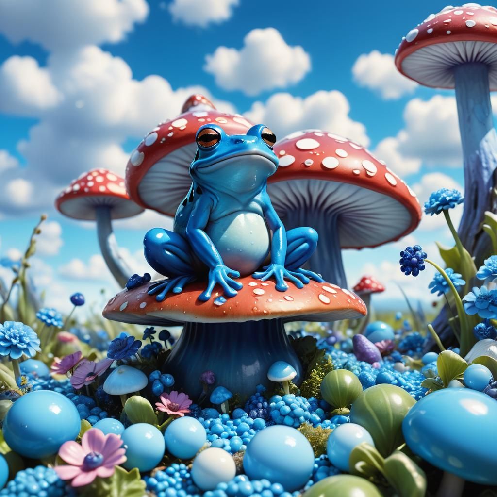 Blue Frog's Whimsical Bioluminescent Mushroom Kingdom