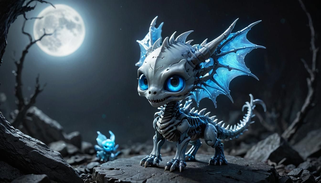 Ethereal Chibi Dragon with Skeletal Wings and Horns