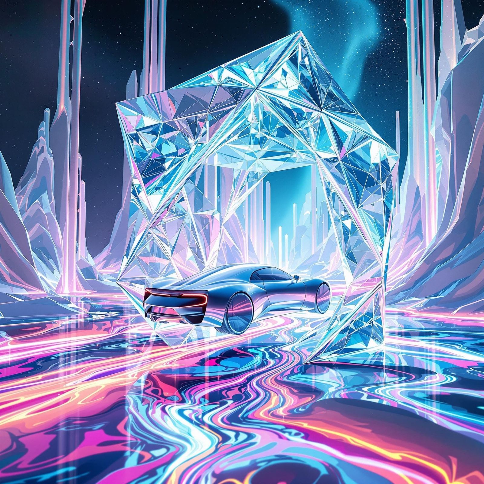 Ferrofluid Car Trapped in 4D Tesseract Amidst Iridescent Org...