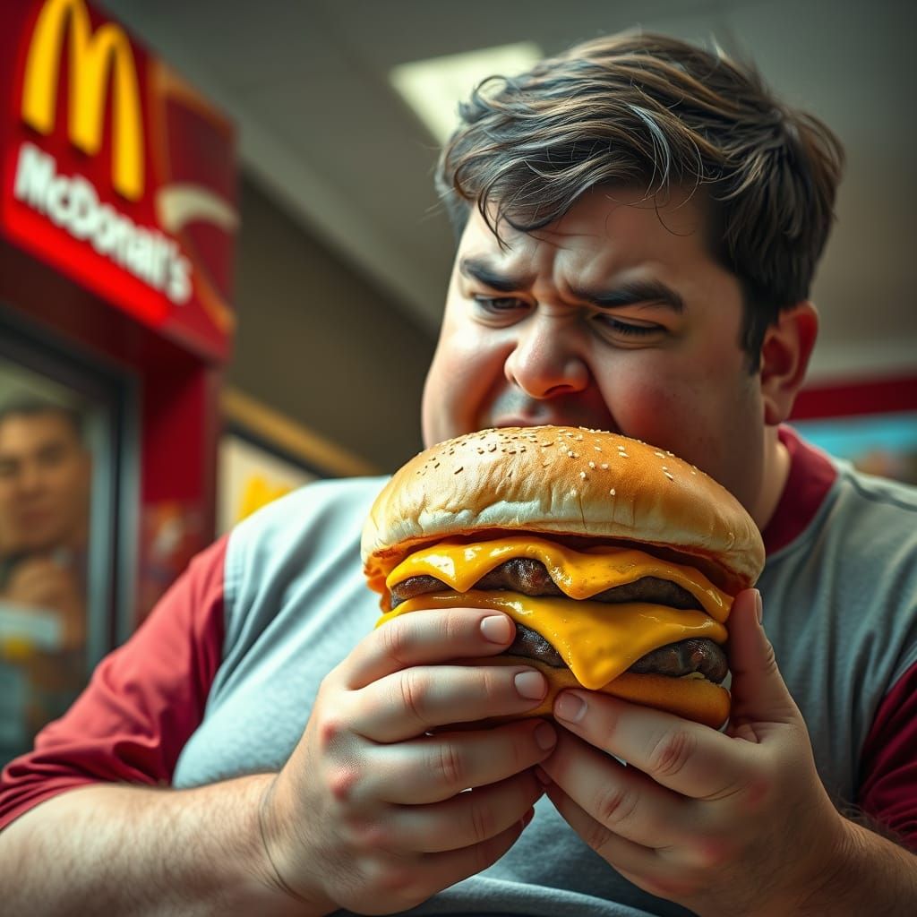 Greedy Man Eats Big Mac at McDonald's