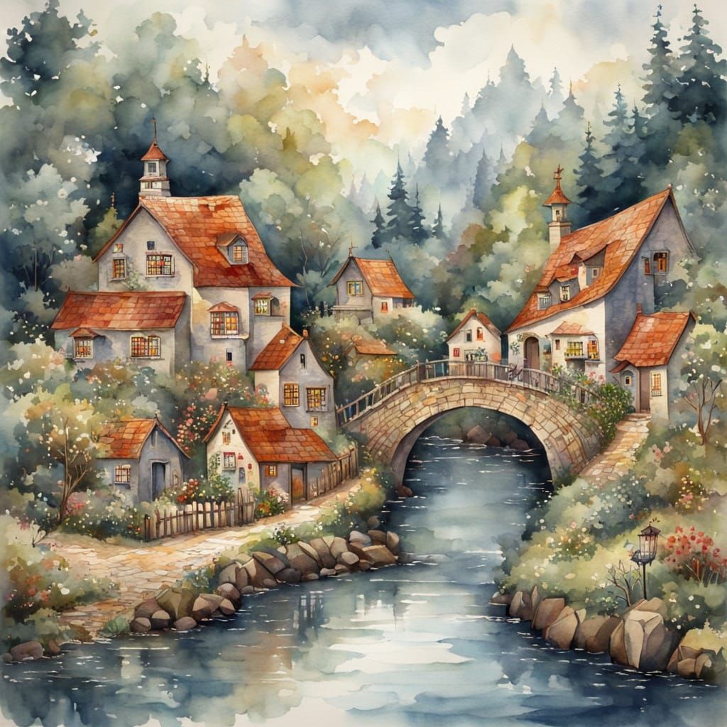 Charming Watercolor Village in Folk Art Style