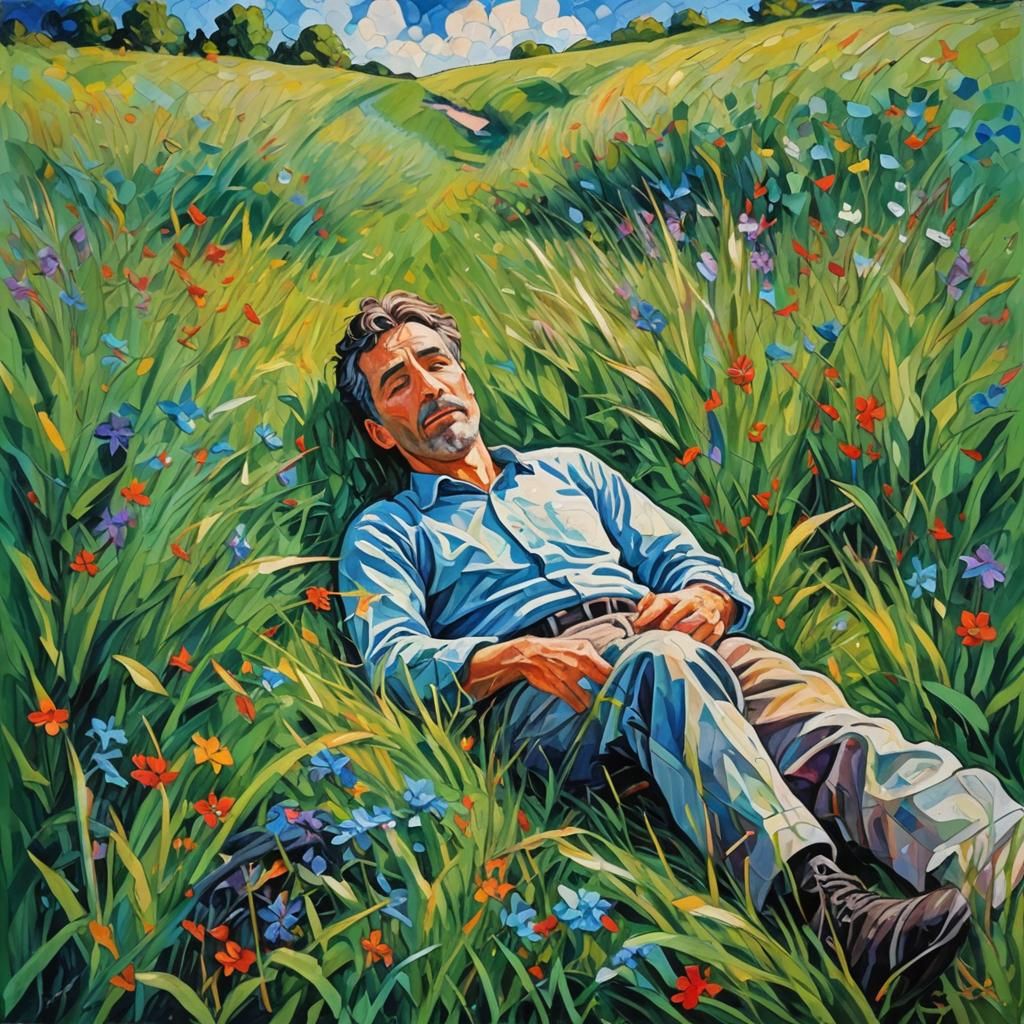 Impressionist Oil Painting of Skygazer in Grass