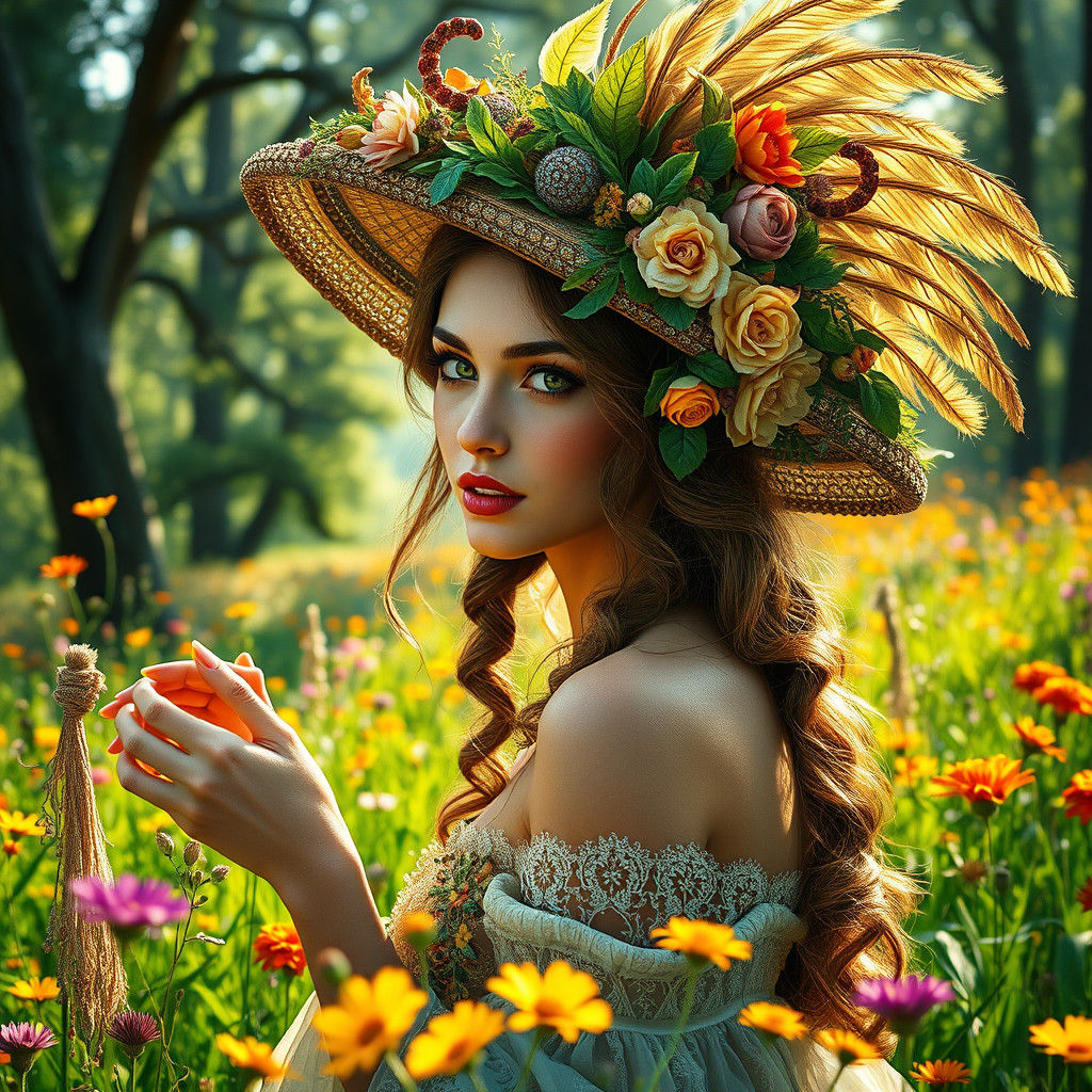 Woman with Floral Hat in Art Nouveau Style