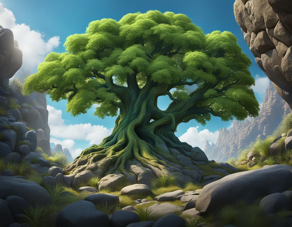 Green Tree Growing from Rock: Fantasy Concept Art