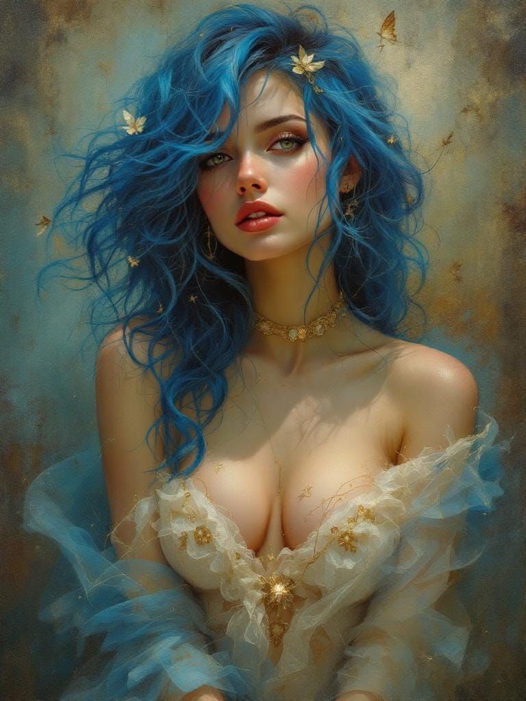 Blue-Haired Woman in Art Nouveau Style