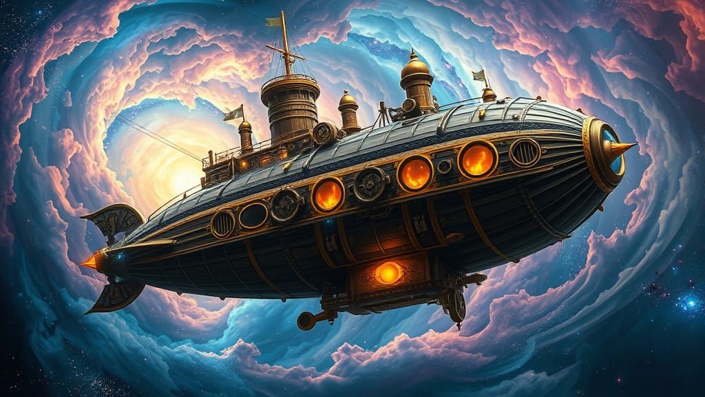 Ethereal Steampunk Airship Sails Through Swirling Nebula in ...